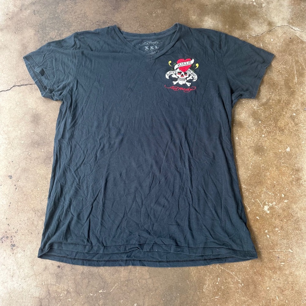 Ed Hardy T-Shirt Mens XXL Black Excellent Love Kills Slowly Embroidered V-Neck
